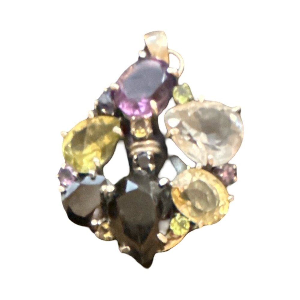 VTG 925 Sterling Silver Multi Gemstone Cluster Pendant Boho Artisan Statement